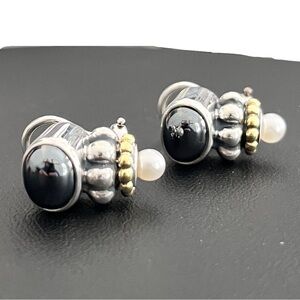 Vintage Lagos Hematite, Pearl, Sterling Silver and 18kt Yellow Gold Earrings
